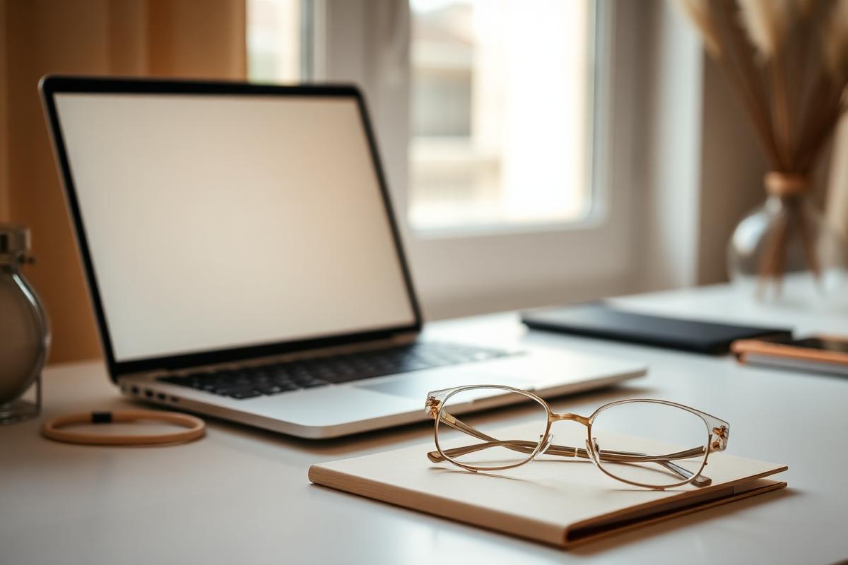 A laptop and eyeglasses on a bright desk
